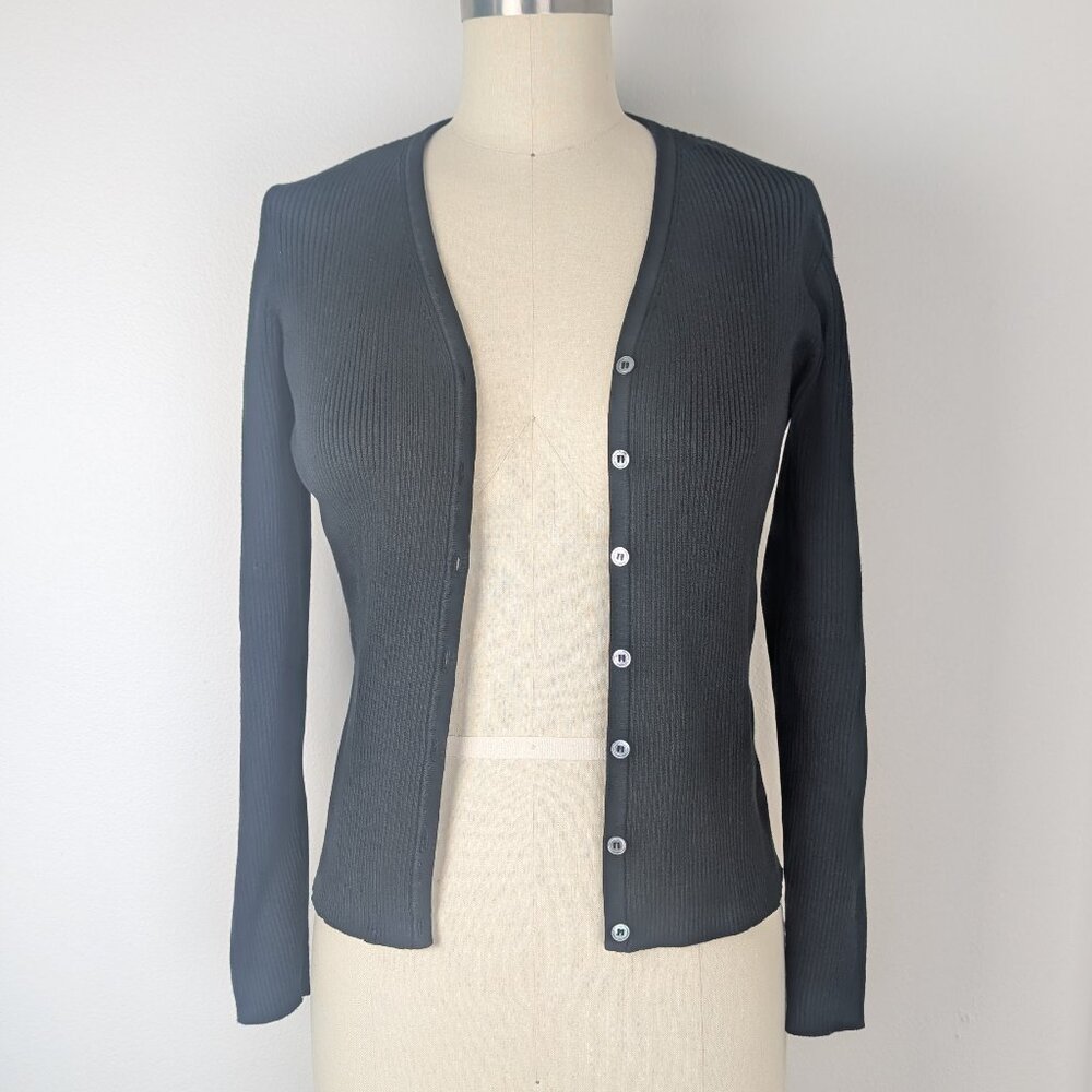 Black Ribbed Cardigan 100% Cotton Sweater Women's Wear Jones New York Petite